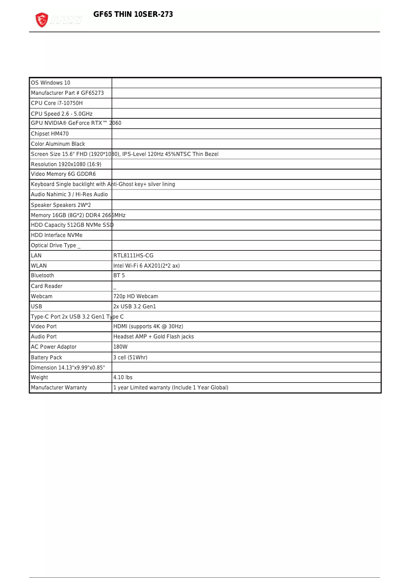 Page n°1 - Fiche technique MSI GF65 Thin