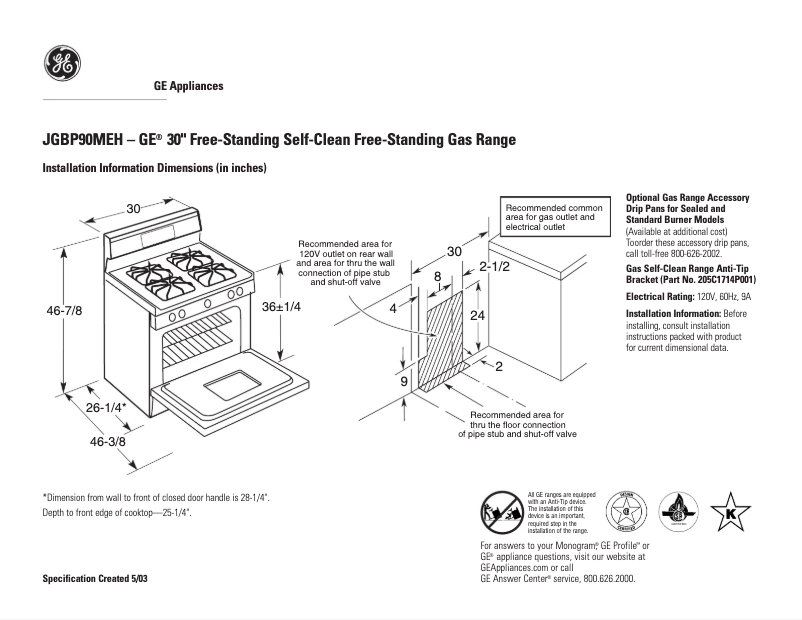 Page n°1 - Fiche technique GE JGBP90MEHBC