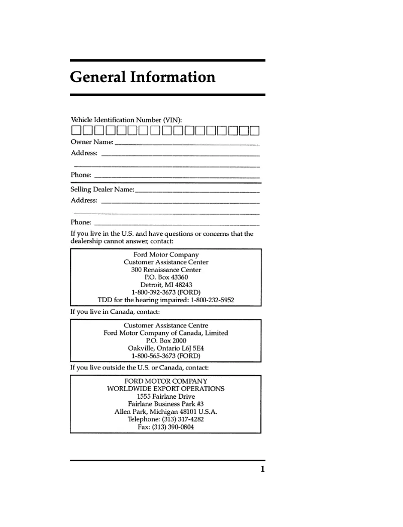 Page n°1 - Manuel d'utilisation et d'entretien Ford Ranger (1996)