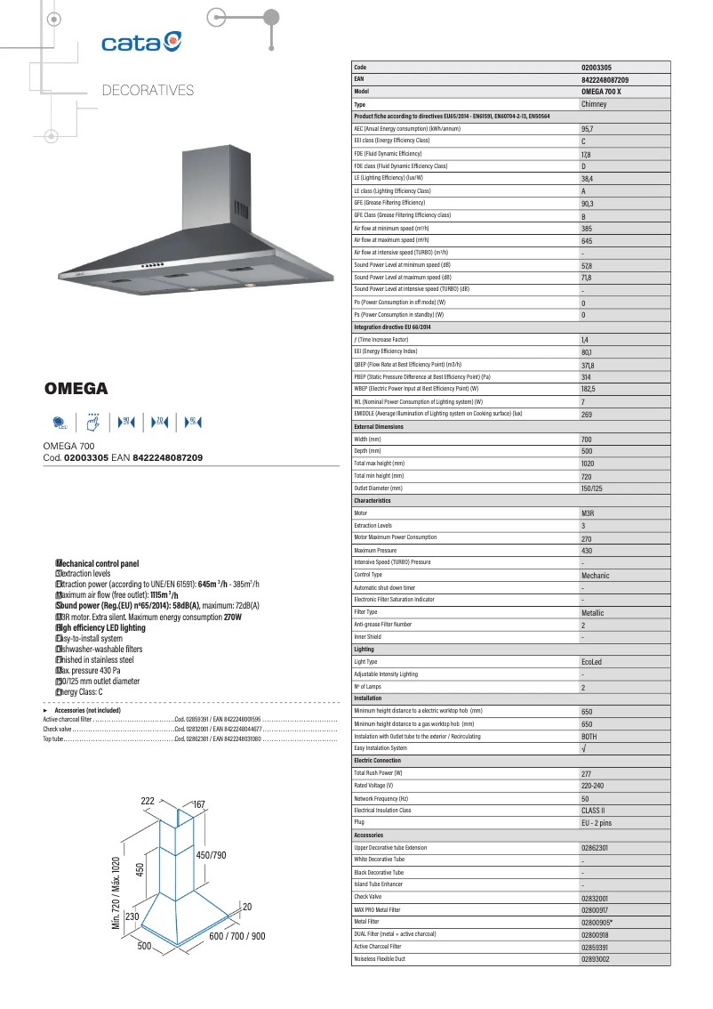 Page 1 de la notice Fiche technique CATA OMEGA X