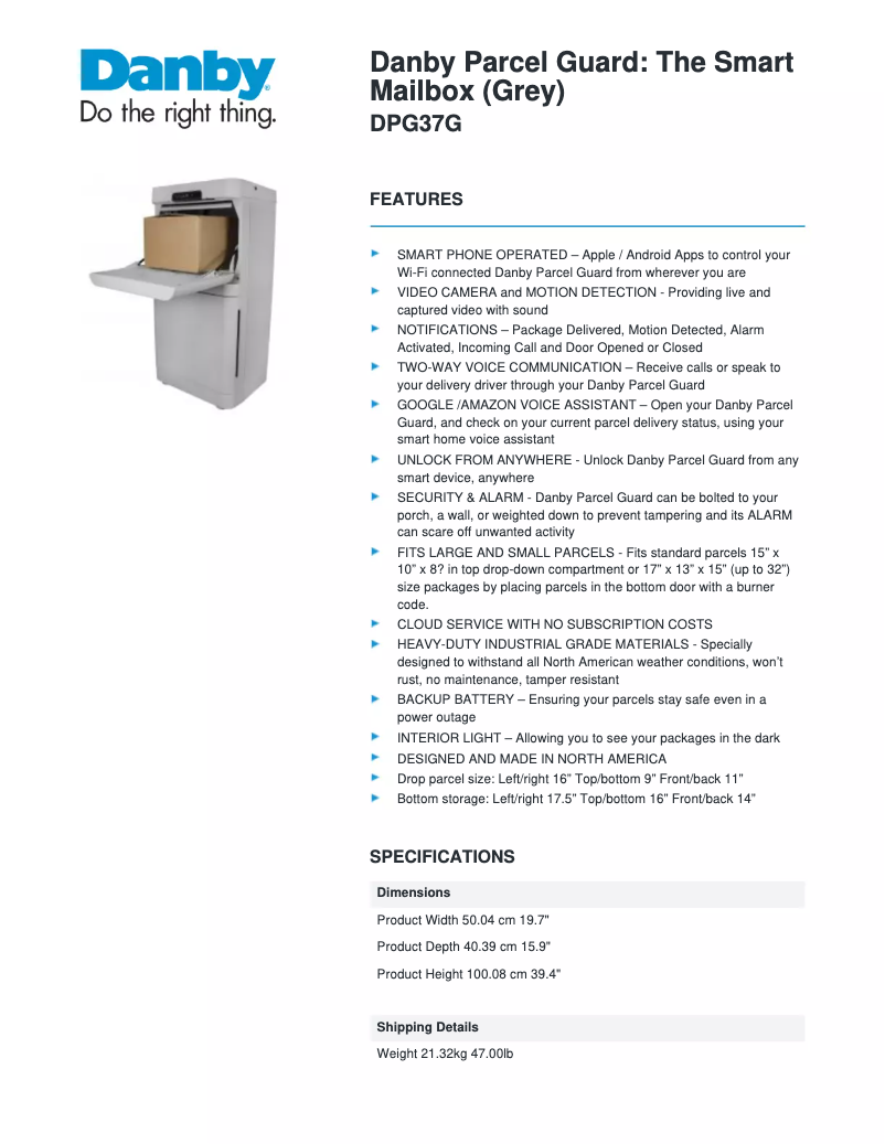Page 1 de la notice Fiche technique Danby DPG37G