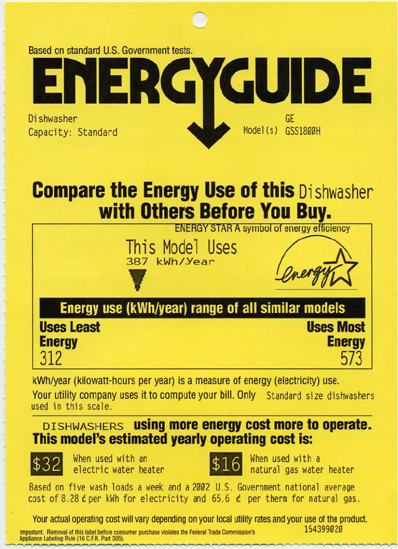 Page 1 de la notice Label énergétique GE GSS1800HWW