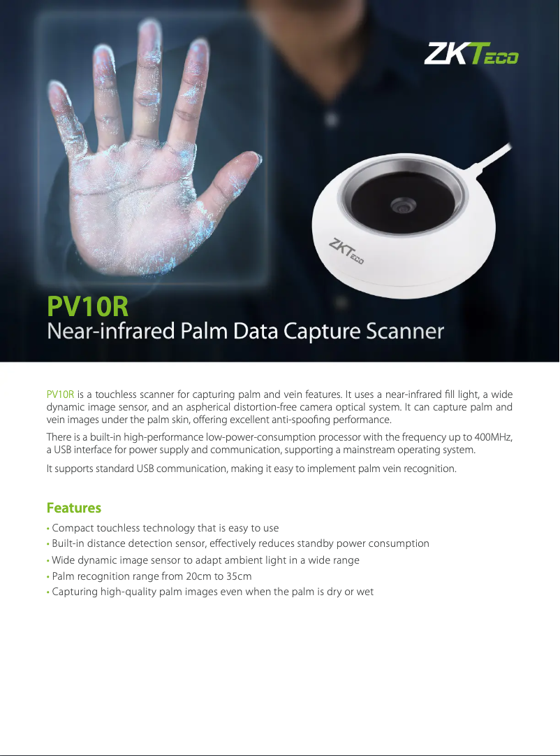 Page 1 de la notice Fiche technique ZKTeco PV10R