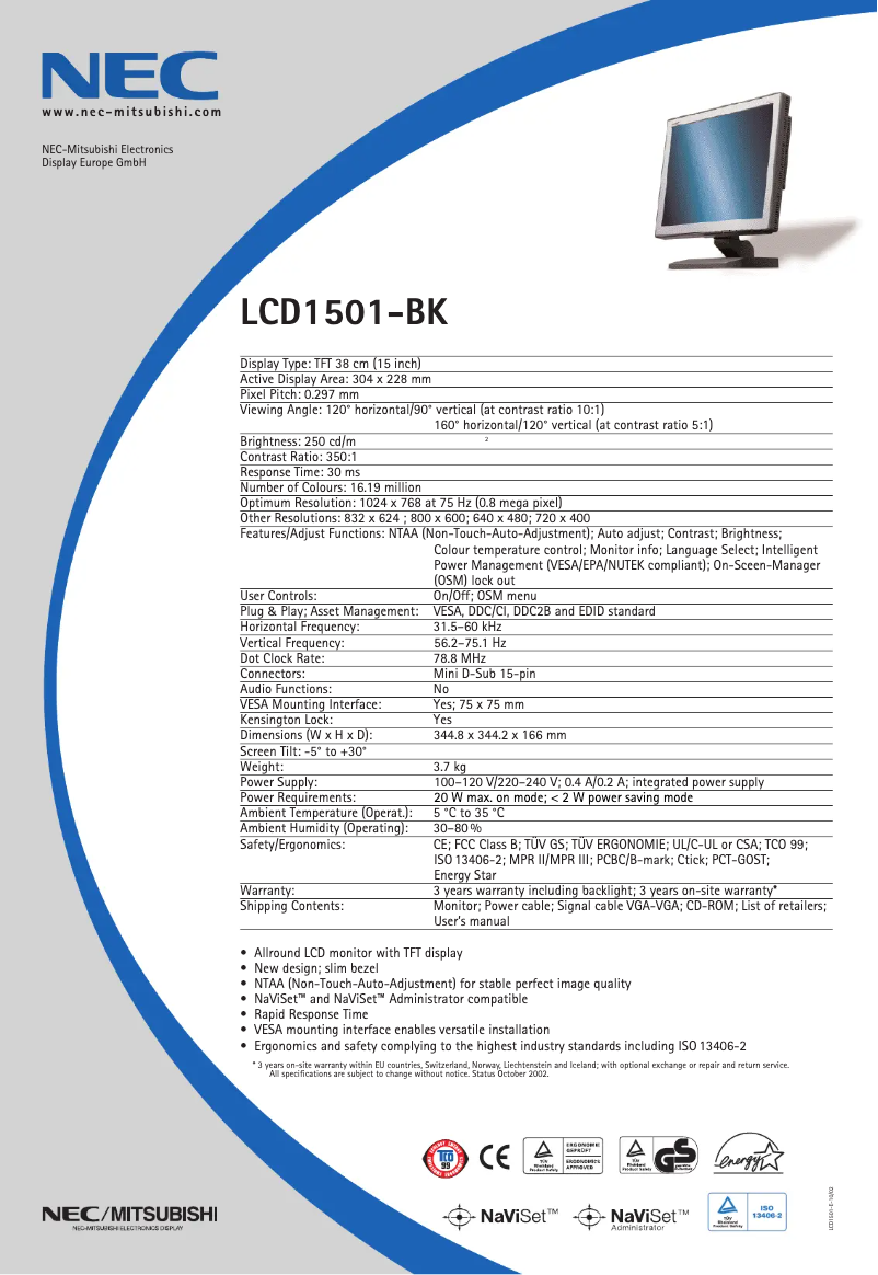 Página 1 del manual Ficha técnica NEC LCD1501