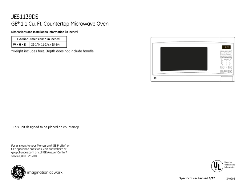 Page 1 of the manual Technical Sheet GE JES1139DSWW