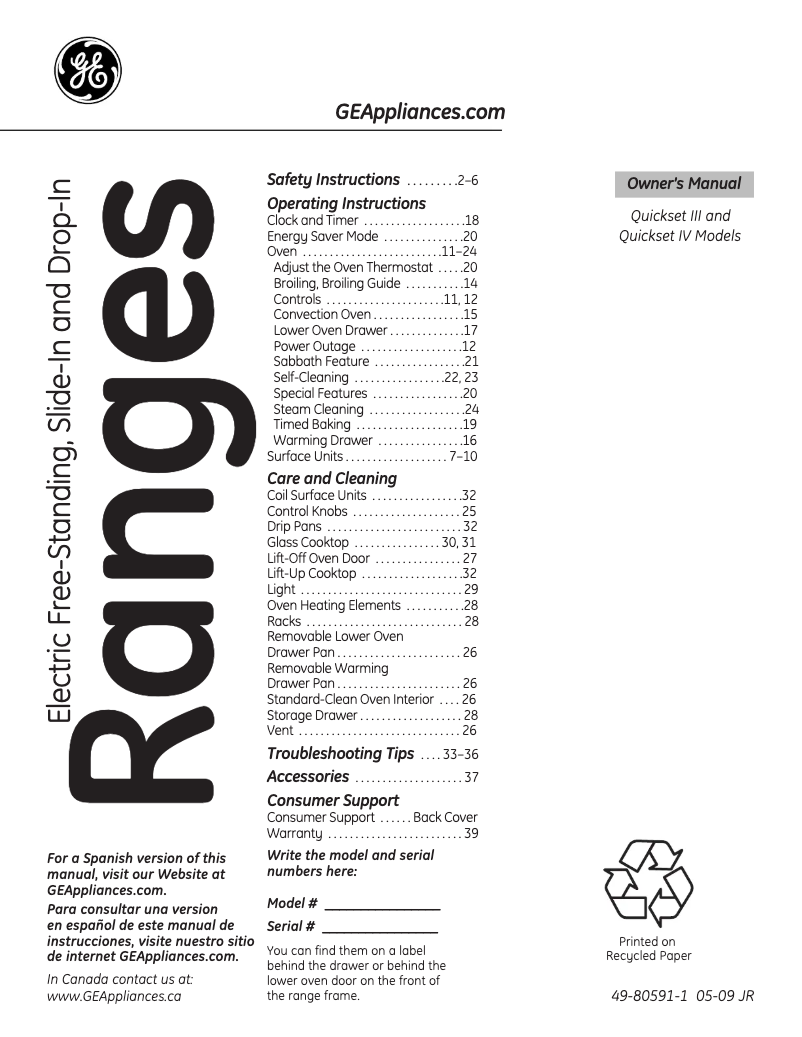 Page 1 de la notice Manuel d'utilisation et d'entretien GE JB660SPSS