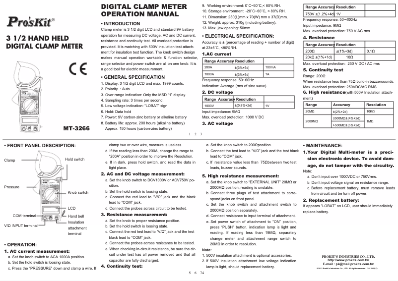 Page n°1 - Manuel utilisateur Pro'sKit MT-3266