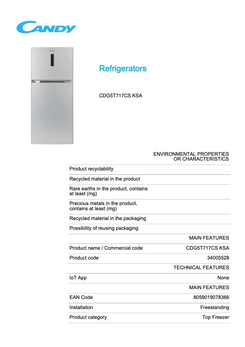 Page 1 de la notice Fiche technique Candy CDG5T717CS KSA