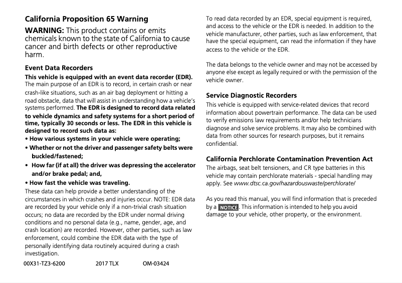 Page 1 de la notice Manuel utilisateur Acura TLX (2017)