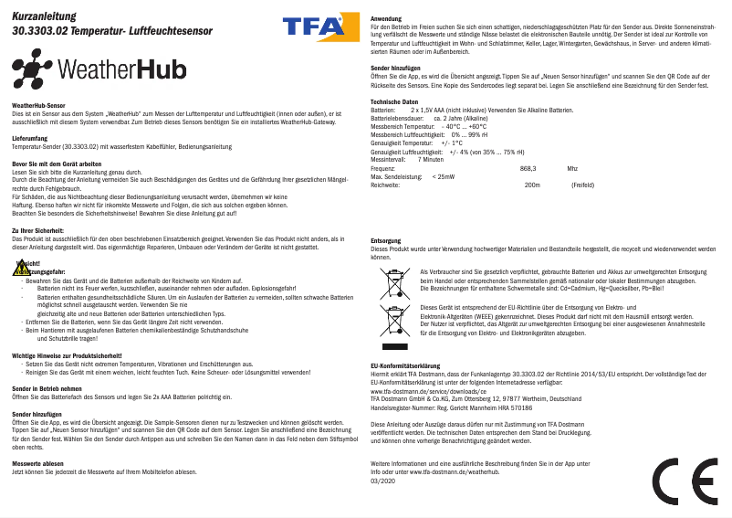 Page 1 de la notice Manuel utilisateur TFA WeatherHub 30.3303.02