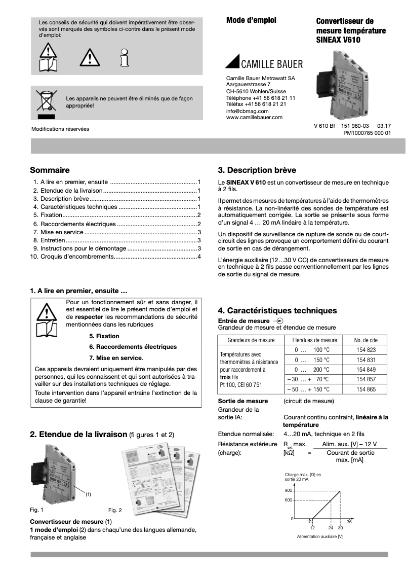Page 1 of the manual User Manual Camille Bauer Sineax V610