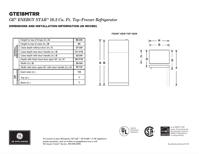 Page 1 de la notice Fiche technique GE GTE18MTRRBB