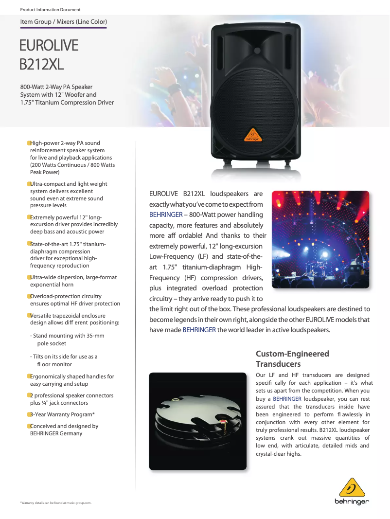 Page 1 de la notice Fiche technique Behringer Eurolive B212XL