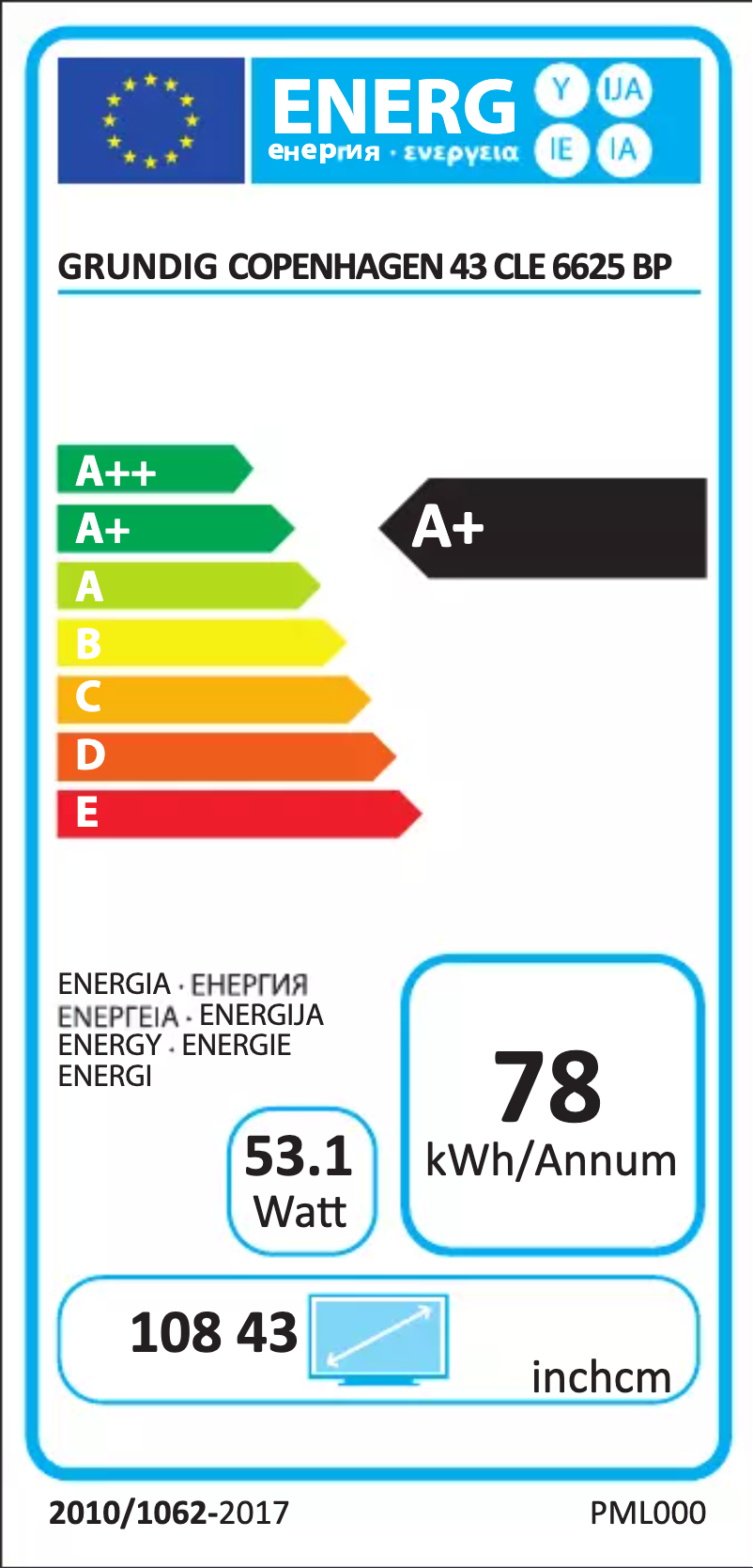 Page 1 de la notice Label énergétique Grundig Copenhagen 43 CLE 6625 BP
