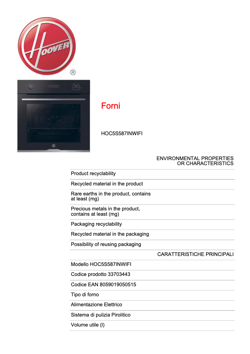 Page n°1 - Fiche technique Hoover HOC5S587INWIFI