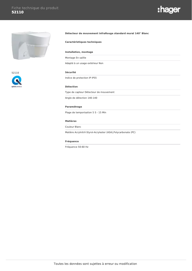 Page 1 de la notice Fiche technique Hager 52110