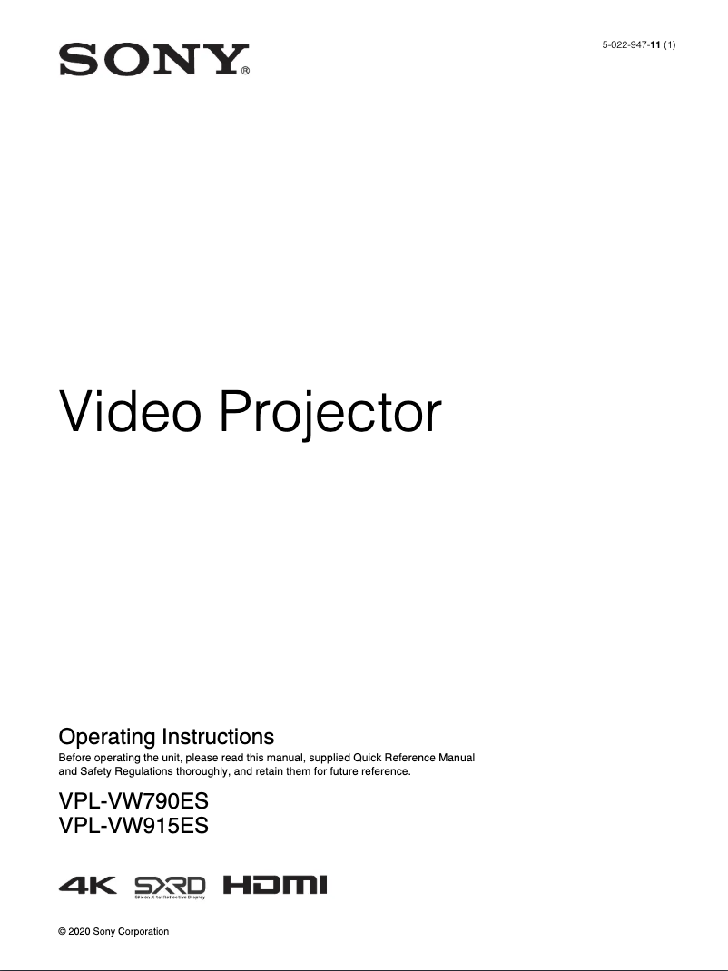 Page n°1 - Manuel utilisateur Sony VPL-VW915ES