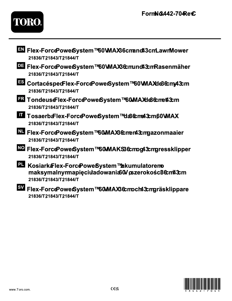 Page 1 de la notice Manuel utilisateur Toro 21844