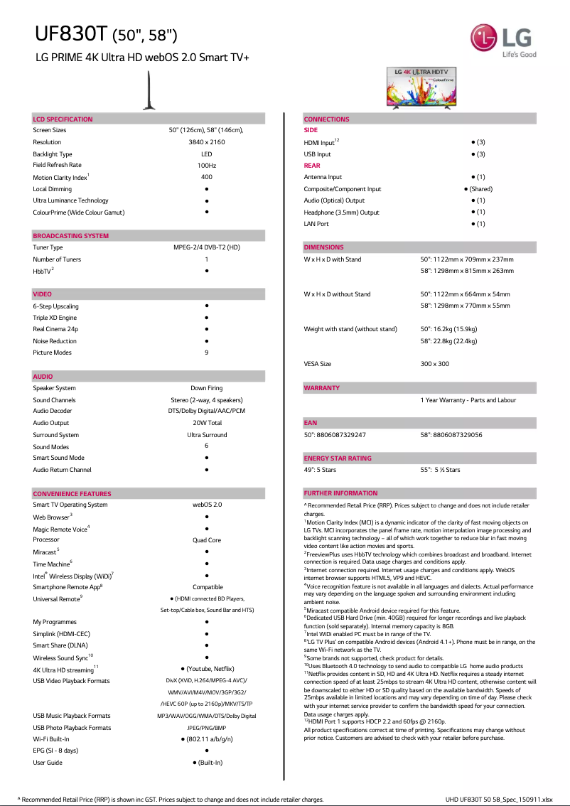 Page 1 de la notice Fiche technique LG 50UF830T