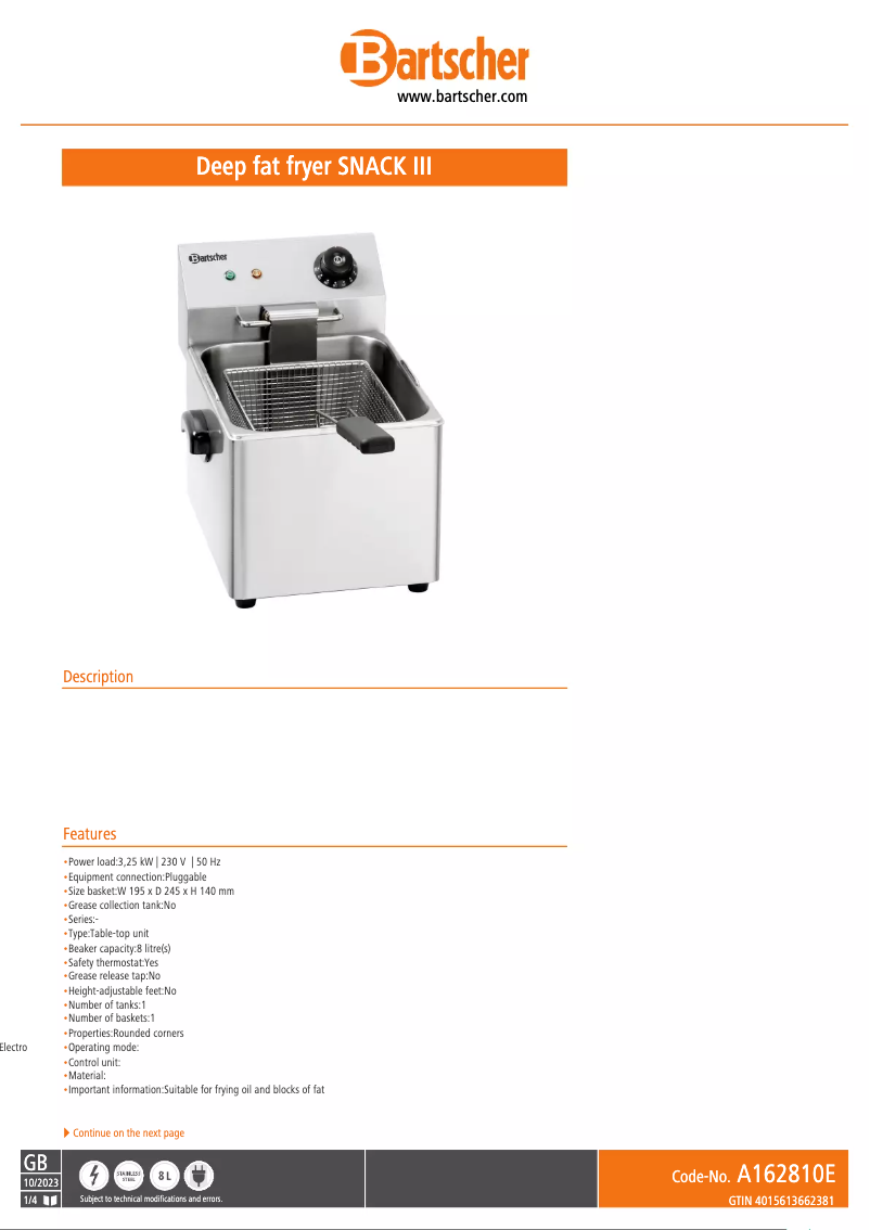 Image de la première page du manuel de l'appareil Snack III A162810E