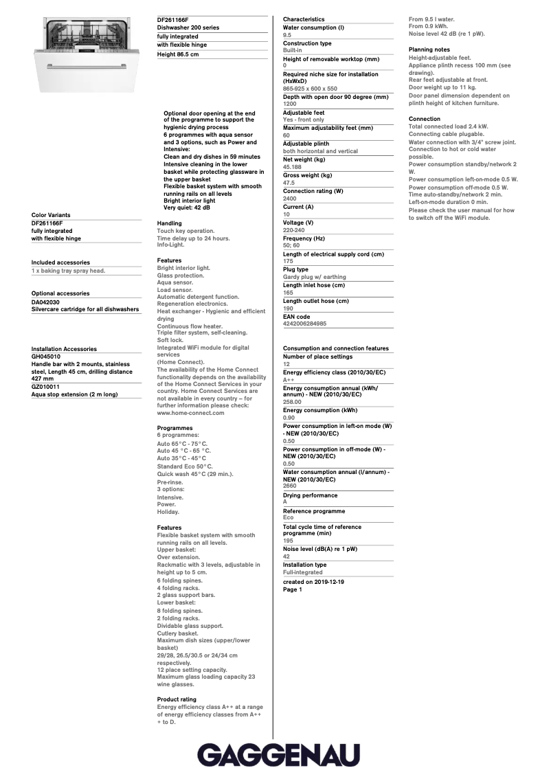 Page 1 de la notice Fiche technique Gaggenau DF261166F