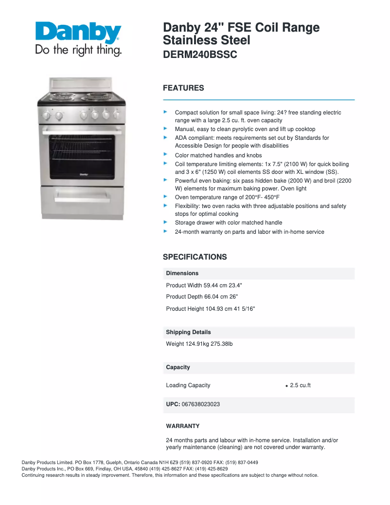 Página 1 del manual Ficha técnica Danby DERM240BSSC