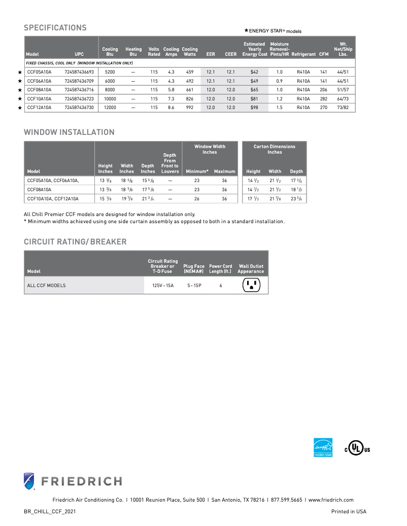 Página 1 del manual Ficha técnica Friedrich CCW15B10A