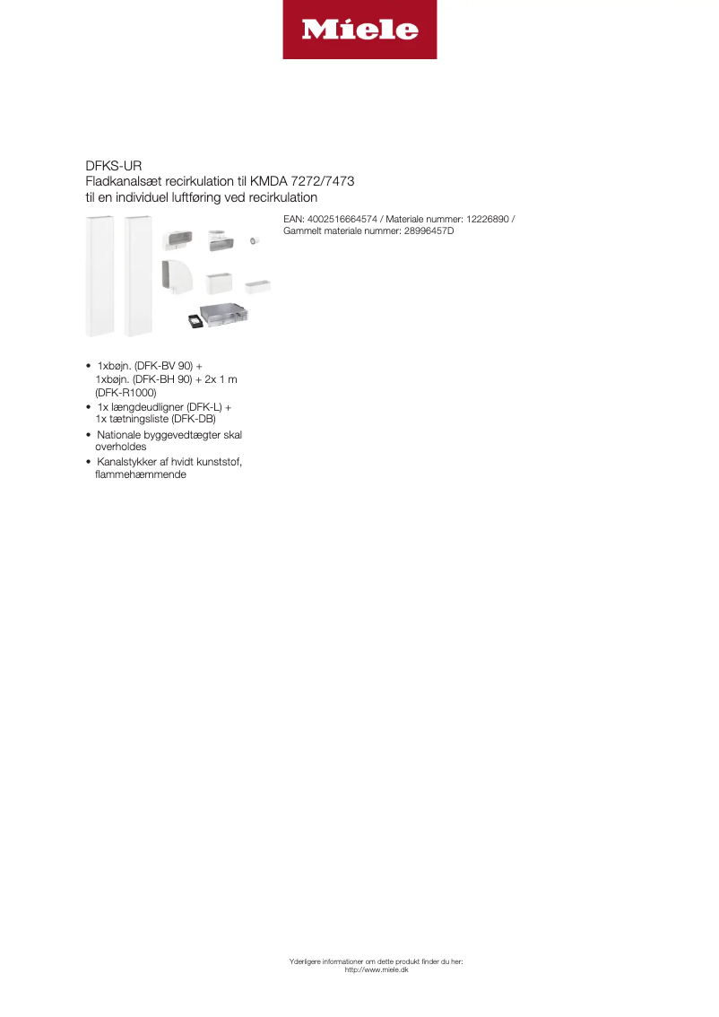 Page 1 de la notice Fiche technique Miele DFKS-UR