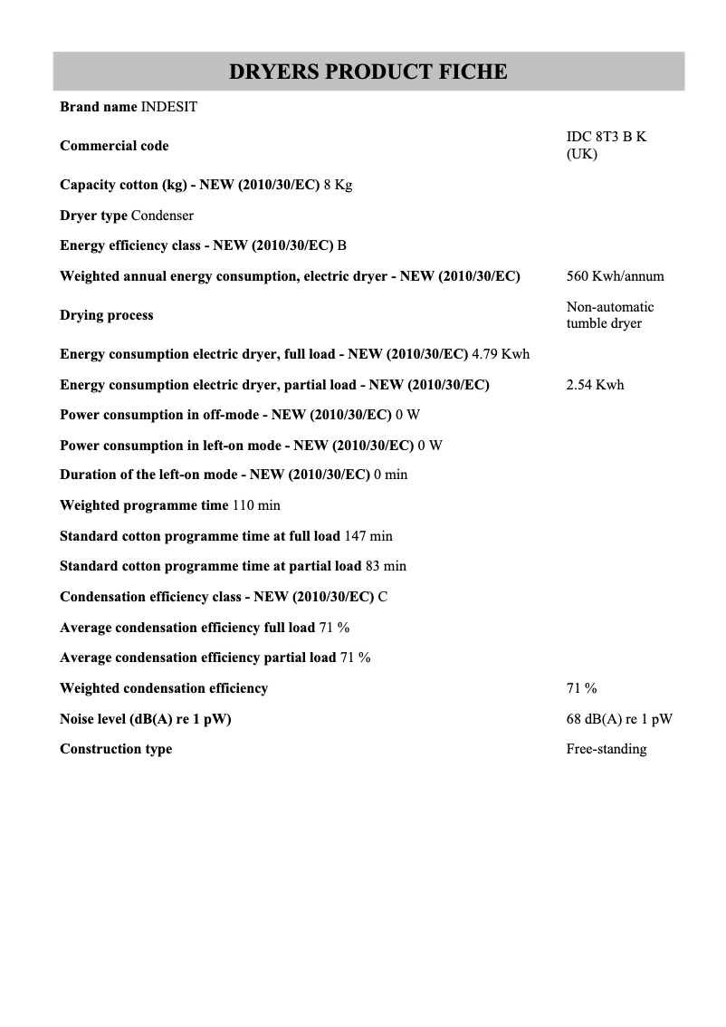 Page n°1 - Fiche technique Indesit IDC 8T3 B K (UK)