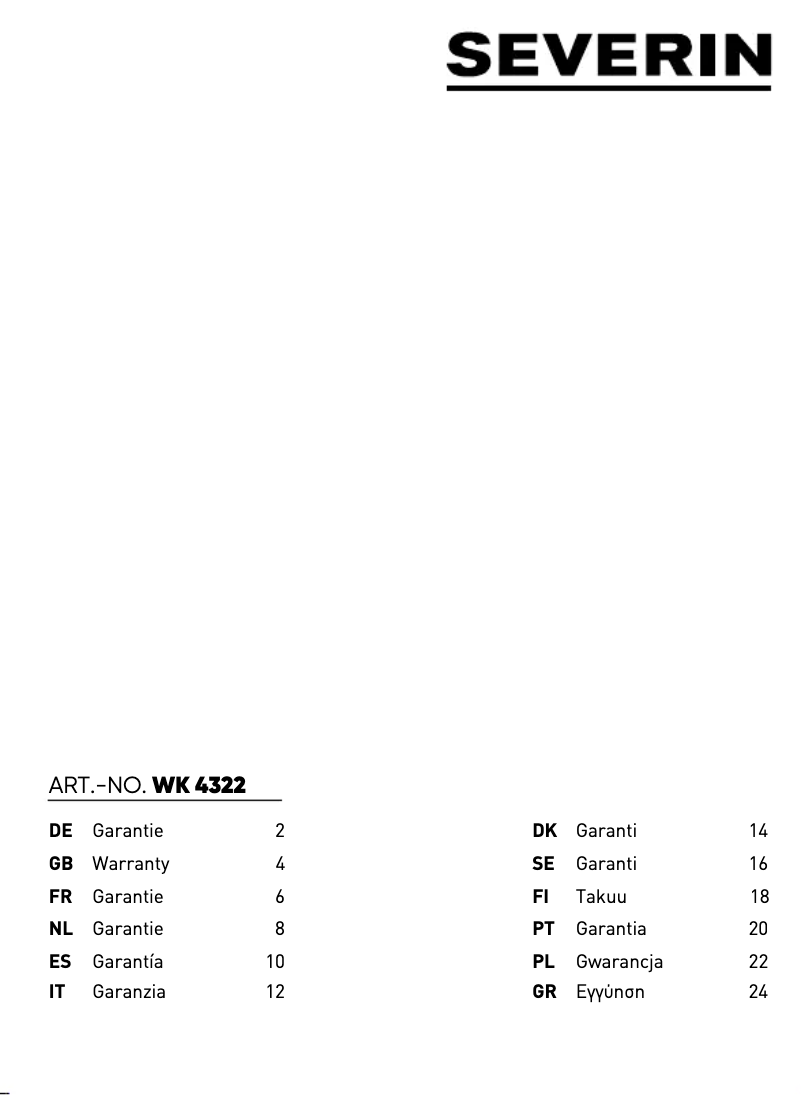 Page n°1 - Informations de garantie Severin WK 3422