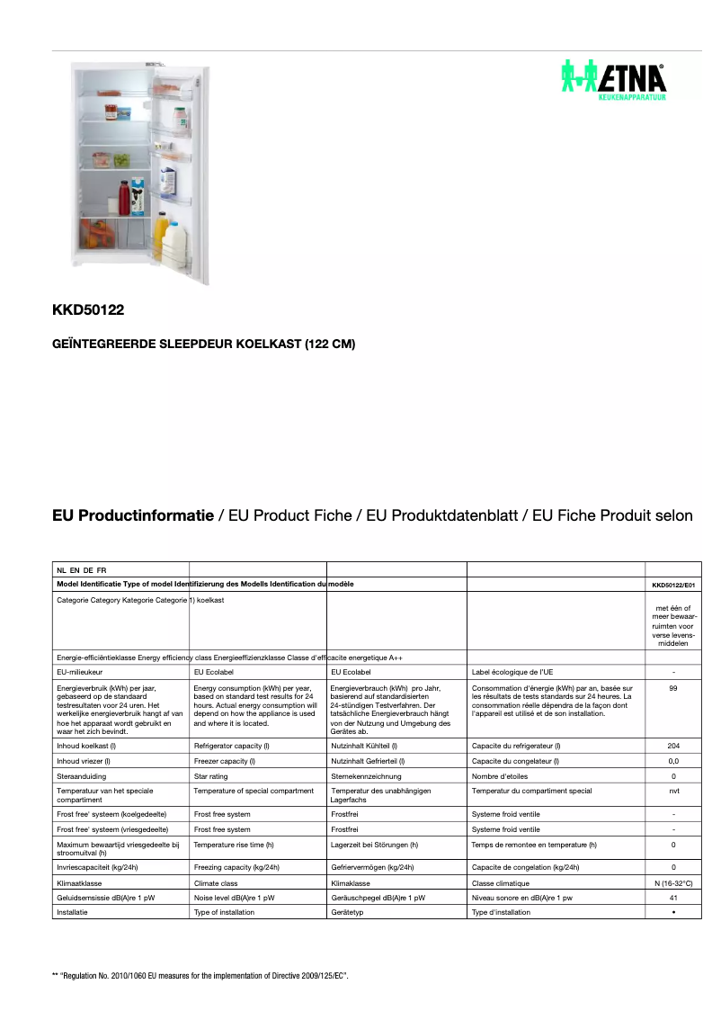 Page 1 de la notice Fiche technique Etna KKD50122