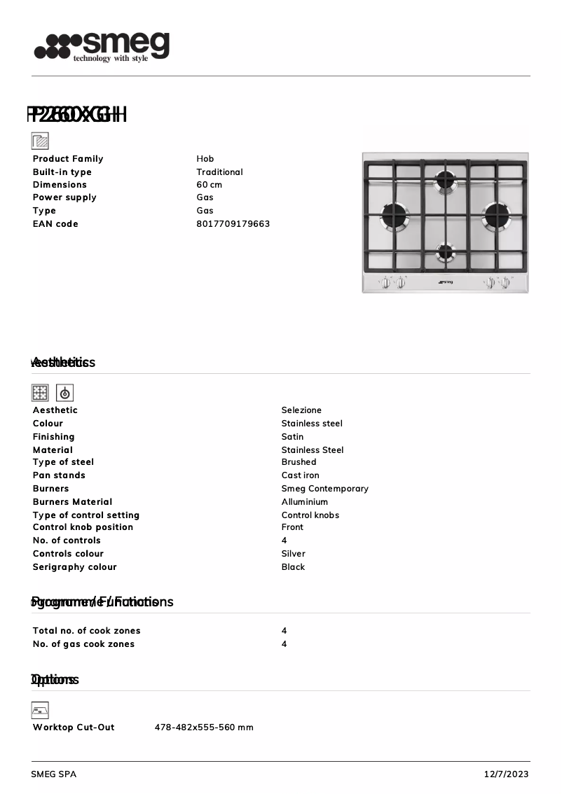 Página 1 del manual Ficha técnica Smeg P260XGH