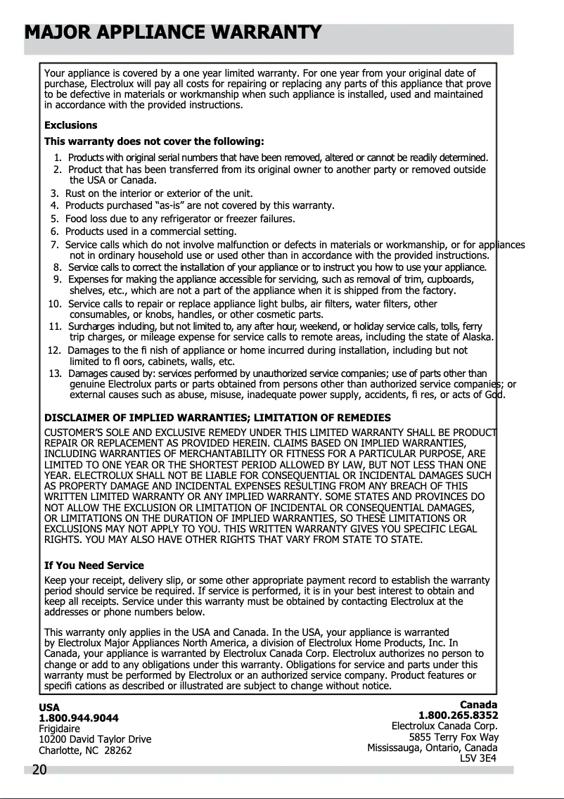 Page 1 de la notice Informations de garantie Frigidaire FGID2476SF