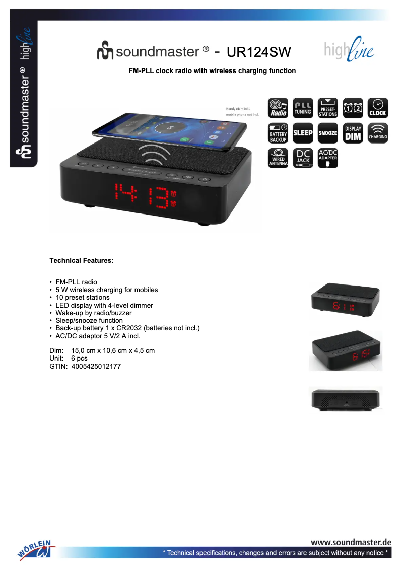 Page 1 de la notice Fiche technique Soundmaster UR124