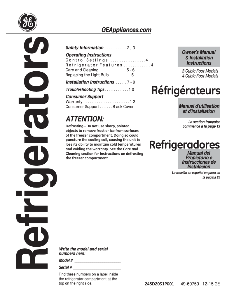 Page n°1 - Manuel utilisateur GE GDE03GGKWW