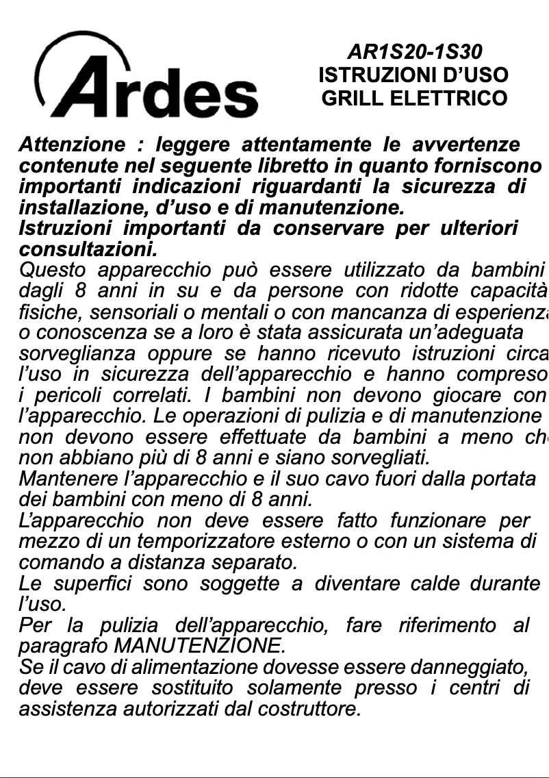 Image de la première page du manuel de l'appareil Sfizio Maxi AR1S30