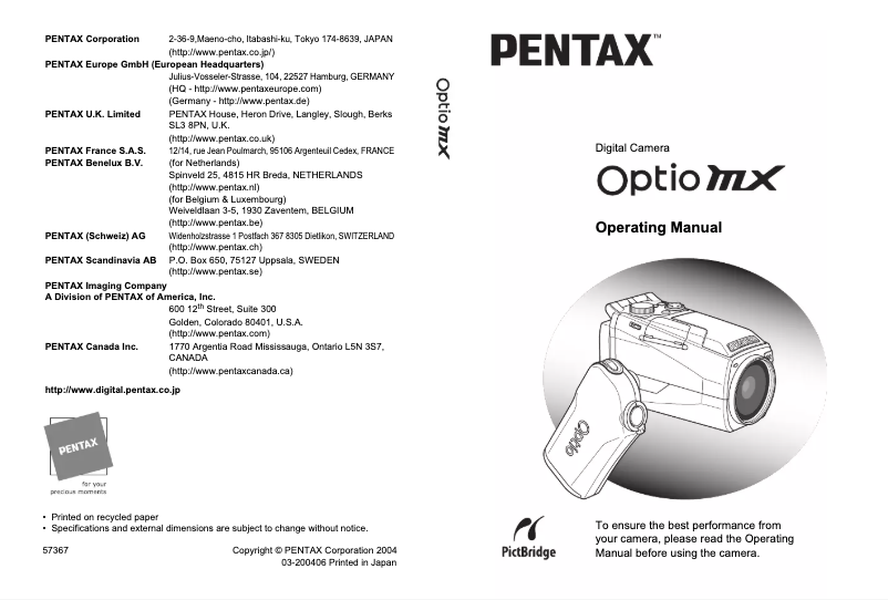 Page n°1 - Manuel utilisateur Pentax Optio MX
