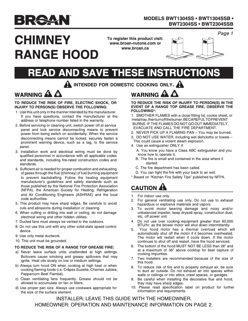 Page n°1 - Guide d'installation Broan BWT1304SSB