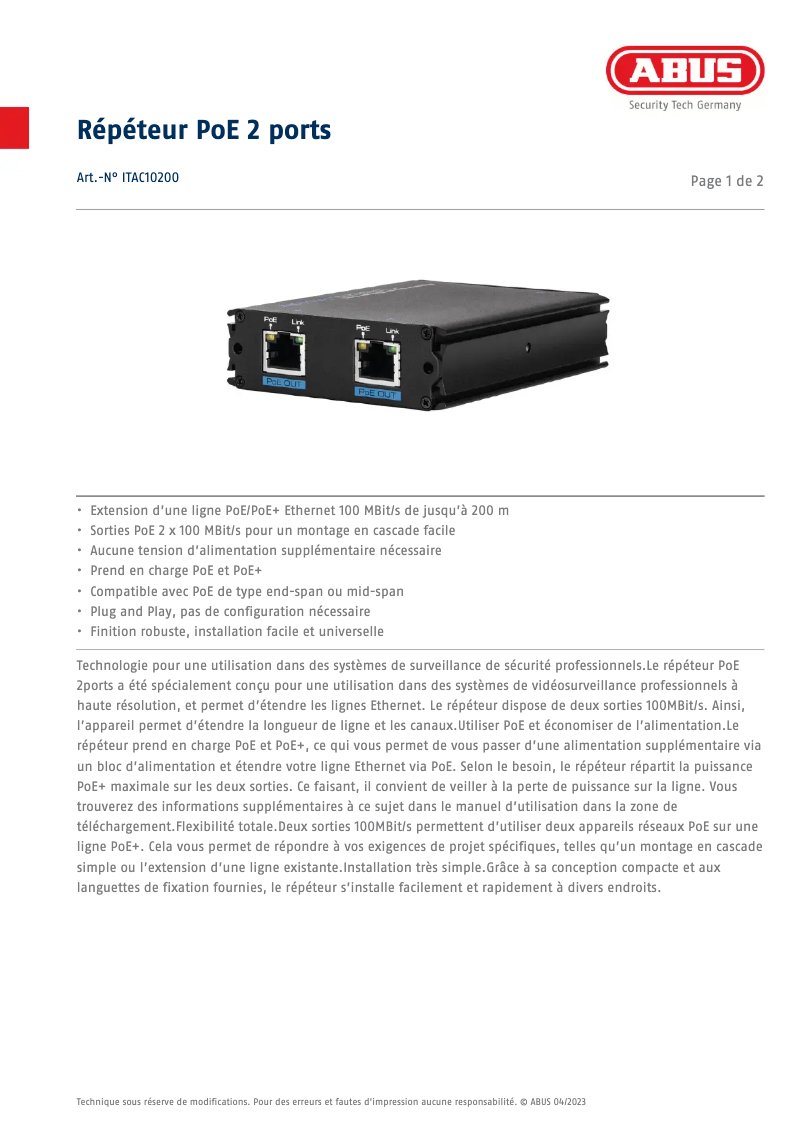 Page n°1 - Fiche technique Abus ITAC10200