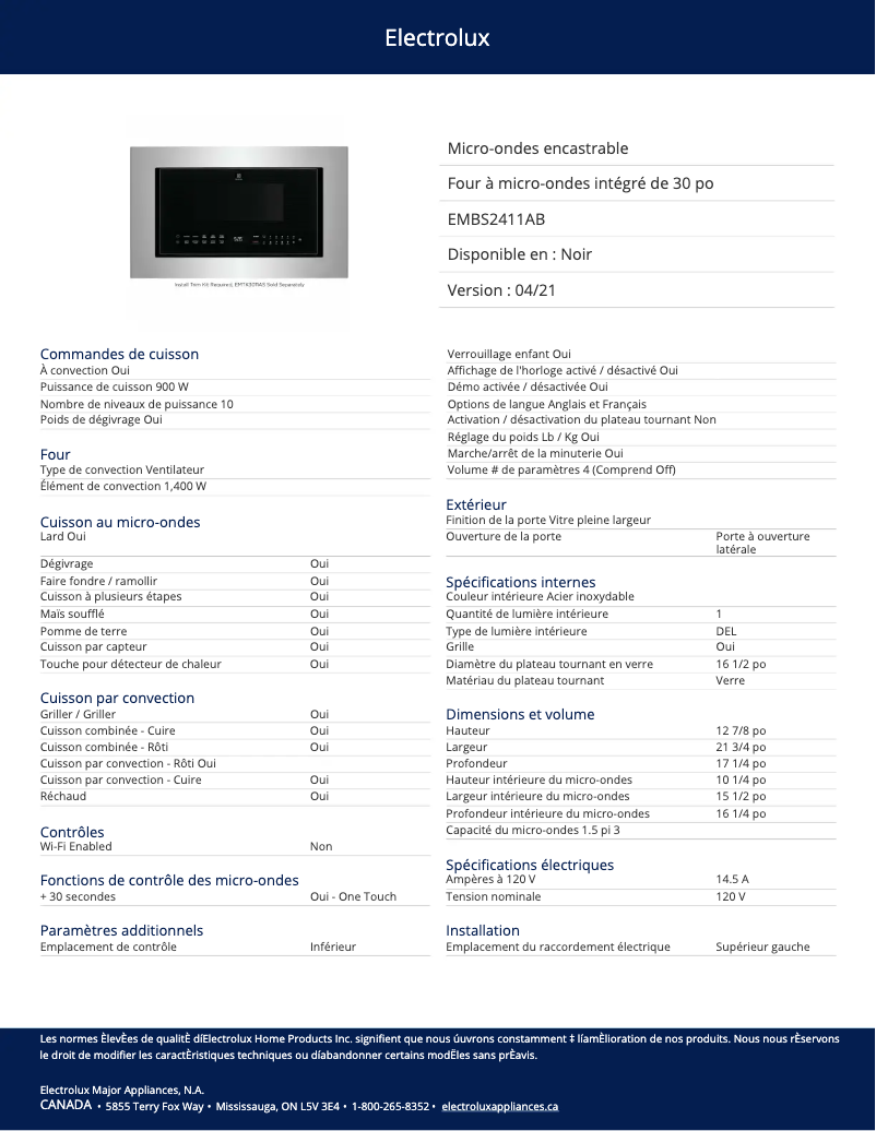 Page 1 de la notice Fiche technique Electrolux EMBS2411AB
