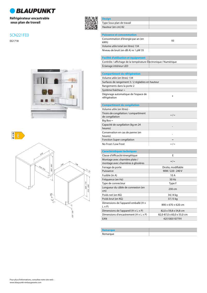 Page n°1 - Fiche technique Blaupunkt 5CN221FE0