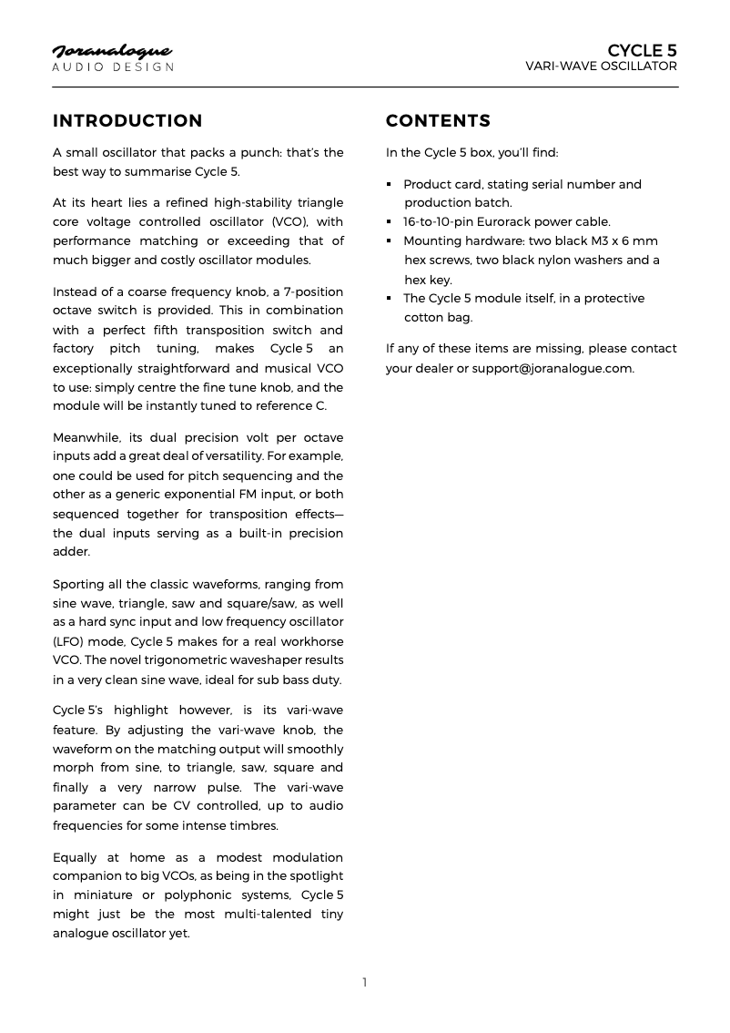Page 1 de la notice Manuel utilisateur Joranalogue Cycle 5