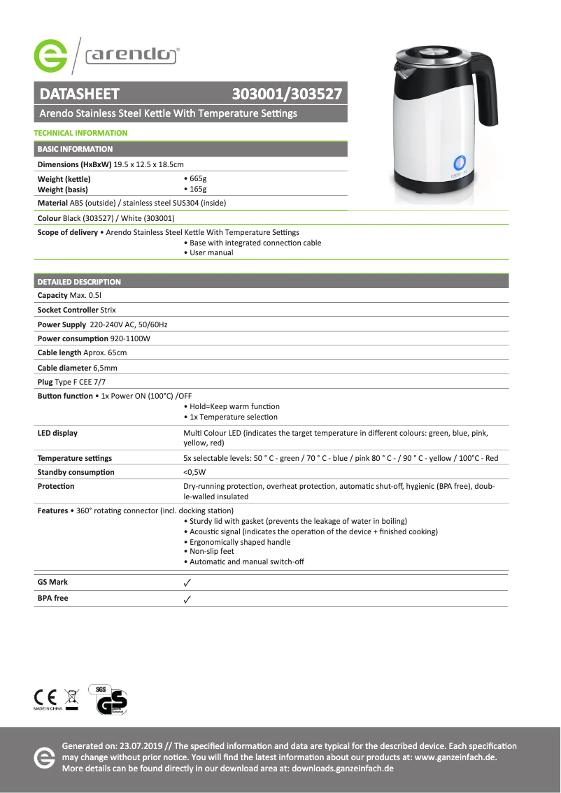 Page 1 de la notice Fiche technique Arendo 303001