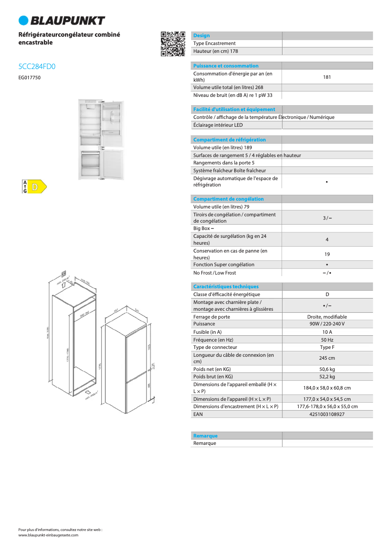 Page 1 of the manual Technical Sheet Blaupunkt 5CC284FD0