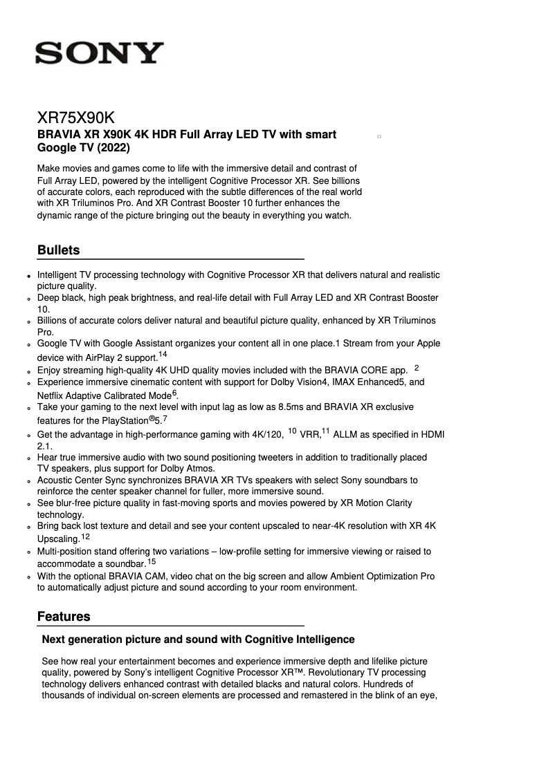 Page 1 de la notice Fiche technique Sony XR-75X90K