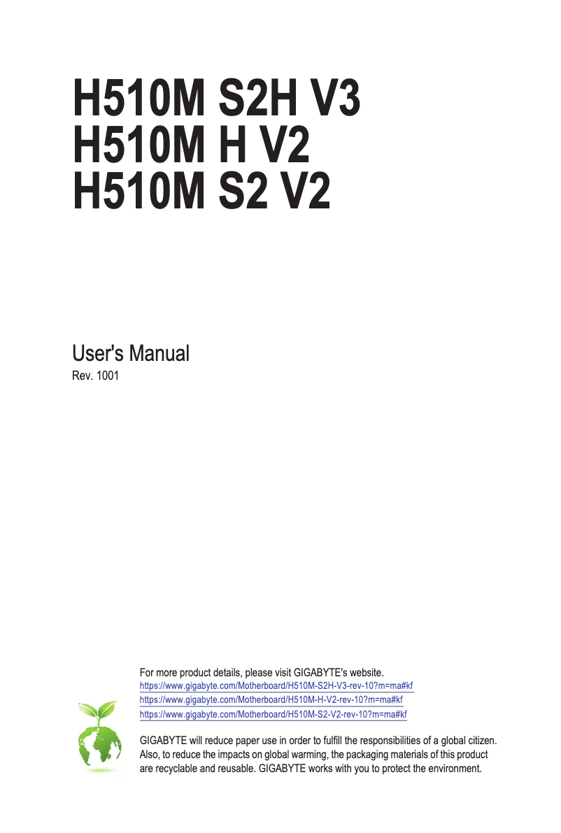 Page 1 de la notice Manuel utilisateur Gigabyte H510M S2H V3