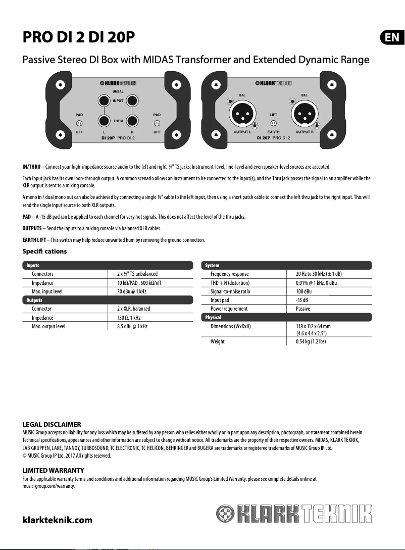 Page n°1 - Manuel utilisateur Klark Teknik PRO DI 20P