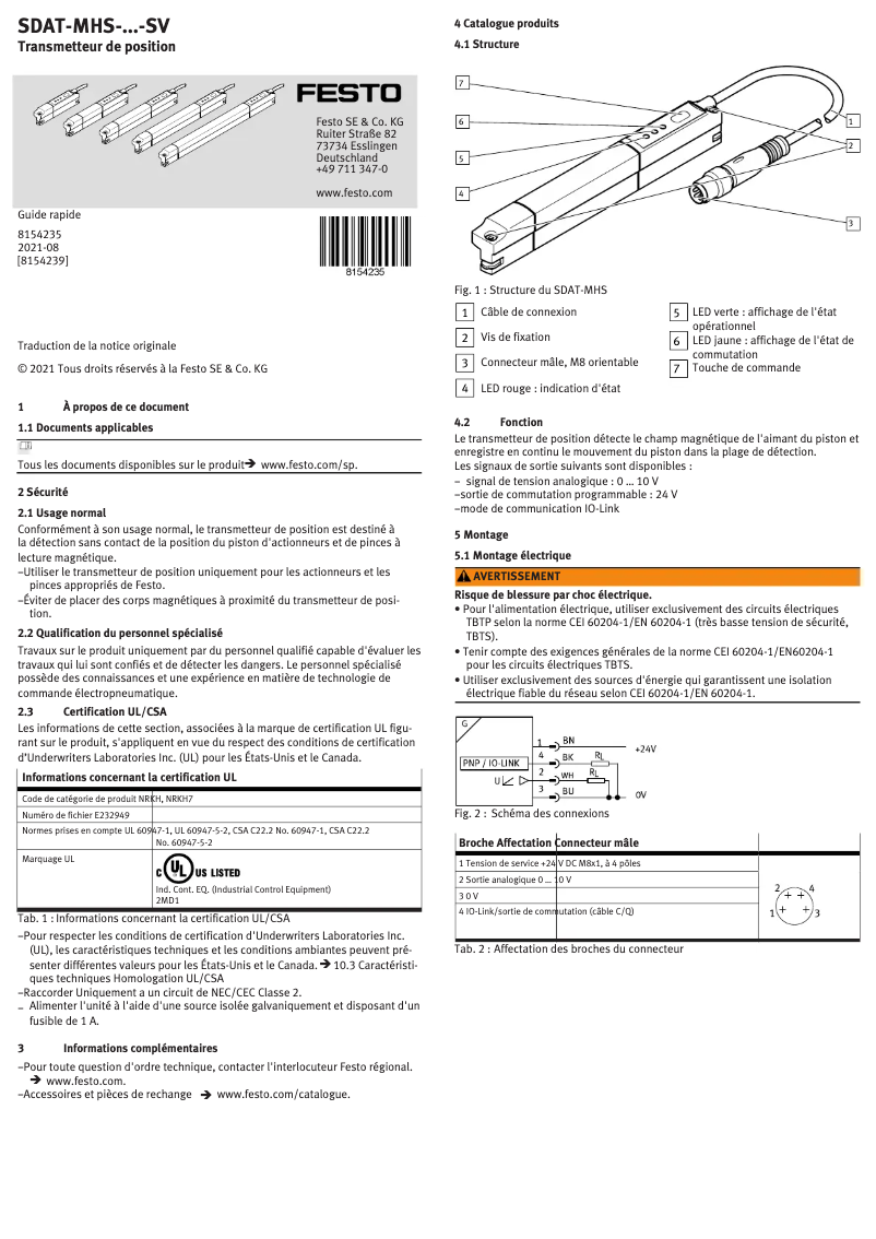 Page 1 de la notice Guide de démarrage rapide Festo SDAT-MHS-M160-1L-SV-E-0.3-M8