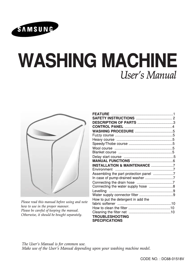 Page 1 de la notice Manuel utilisateur Samsung WA15G2Q