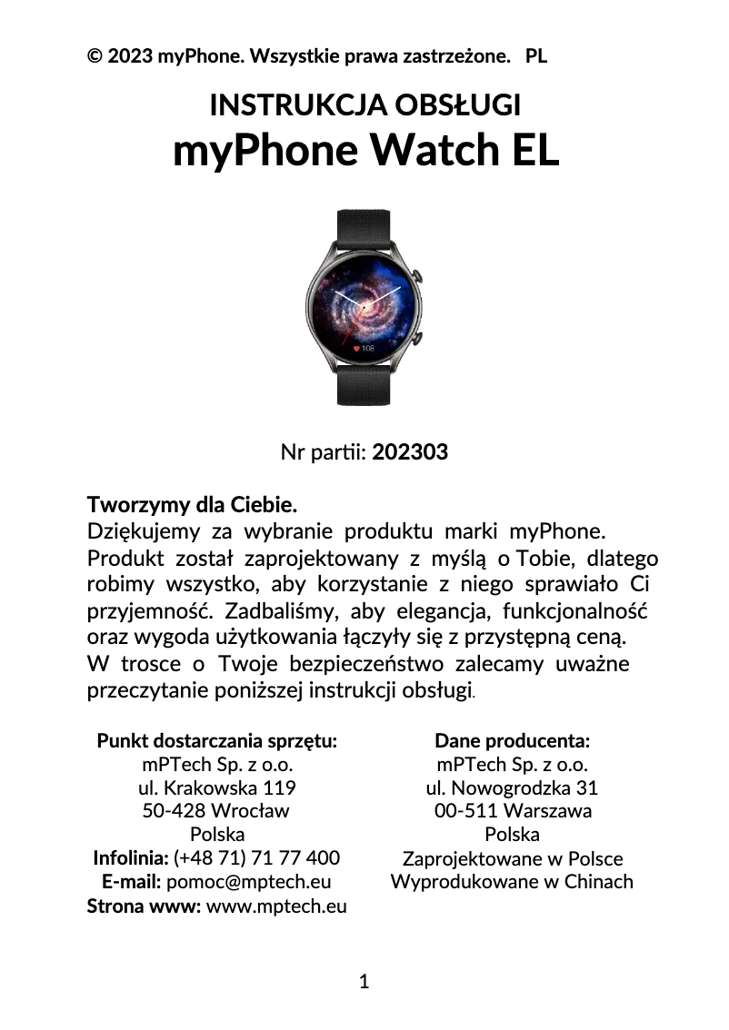Page n°1 - Manuel utilisateur myPhone Watch EL